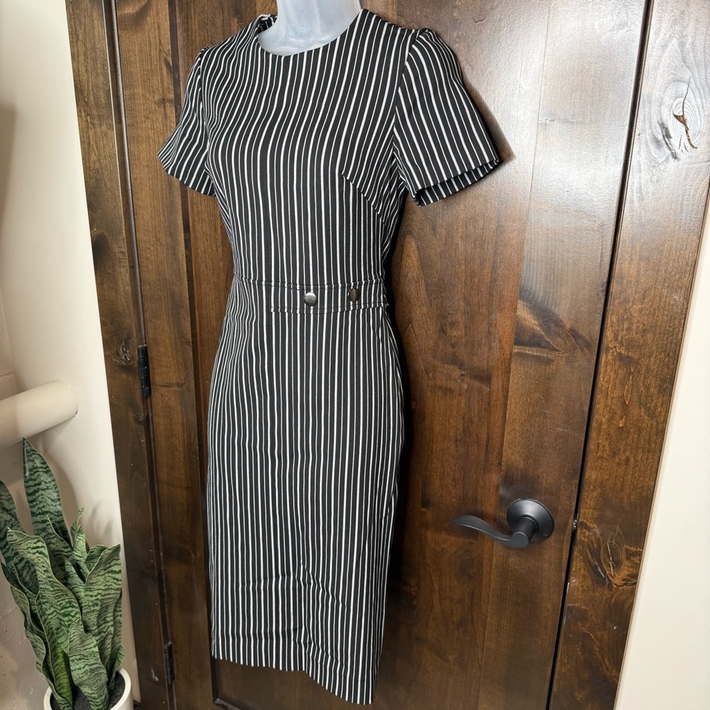 Elegant Black and White verticle Striped pencil Dress with sleeves Size 2 midi
